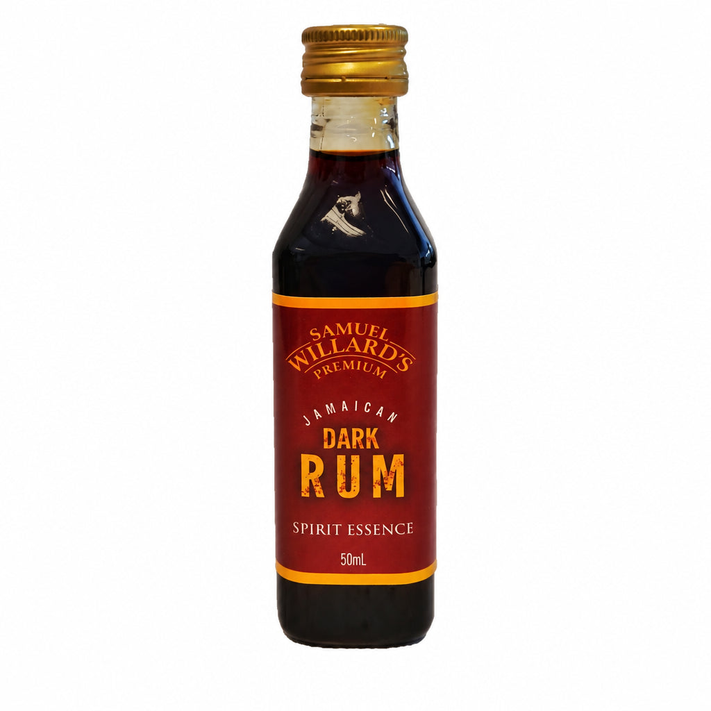 A bottle of Samuel Willard's Premium Jamaican Dark Rum spirit essence with a rich caramel color